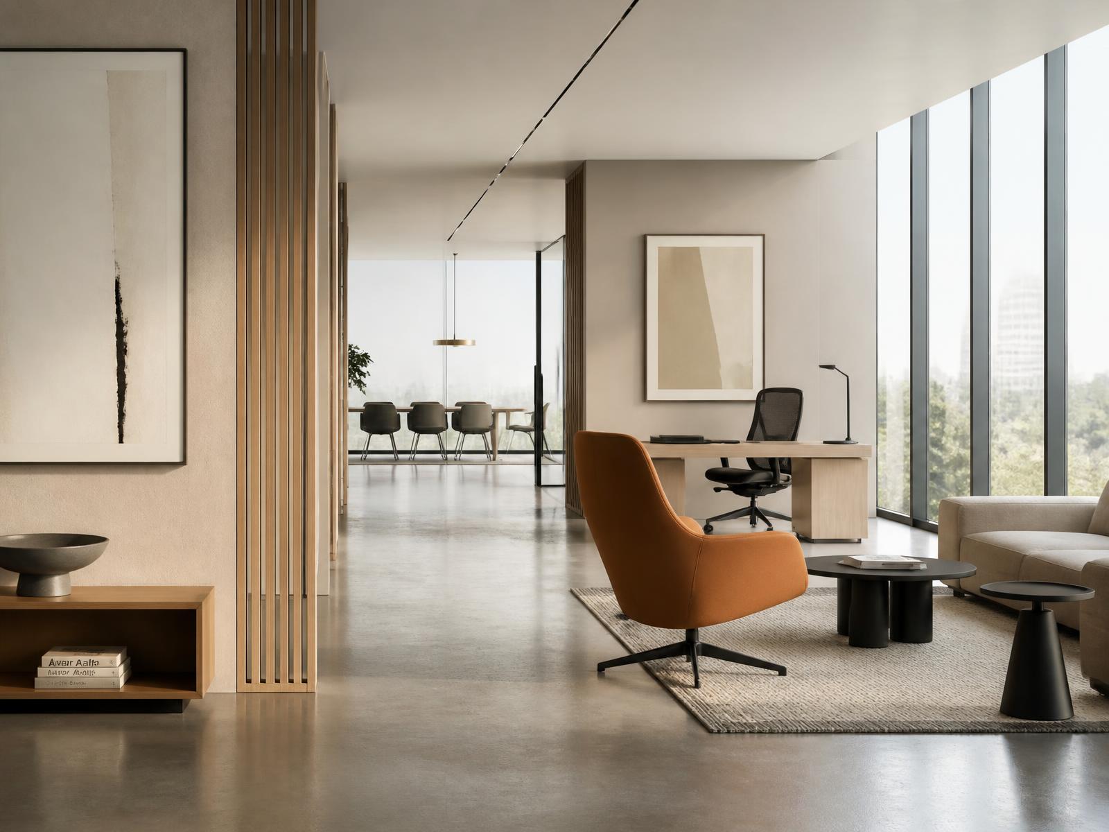 Completed office interior with timber joinery and soft daylight