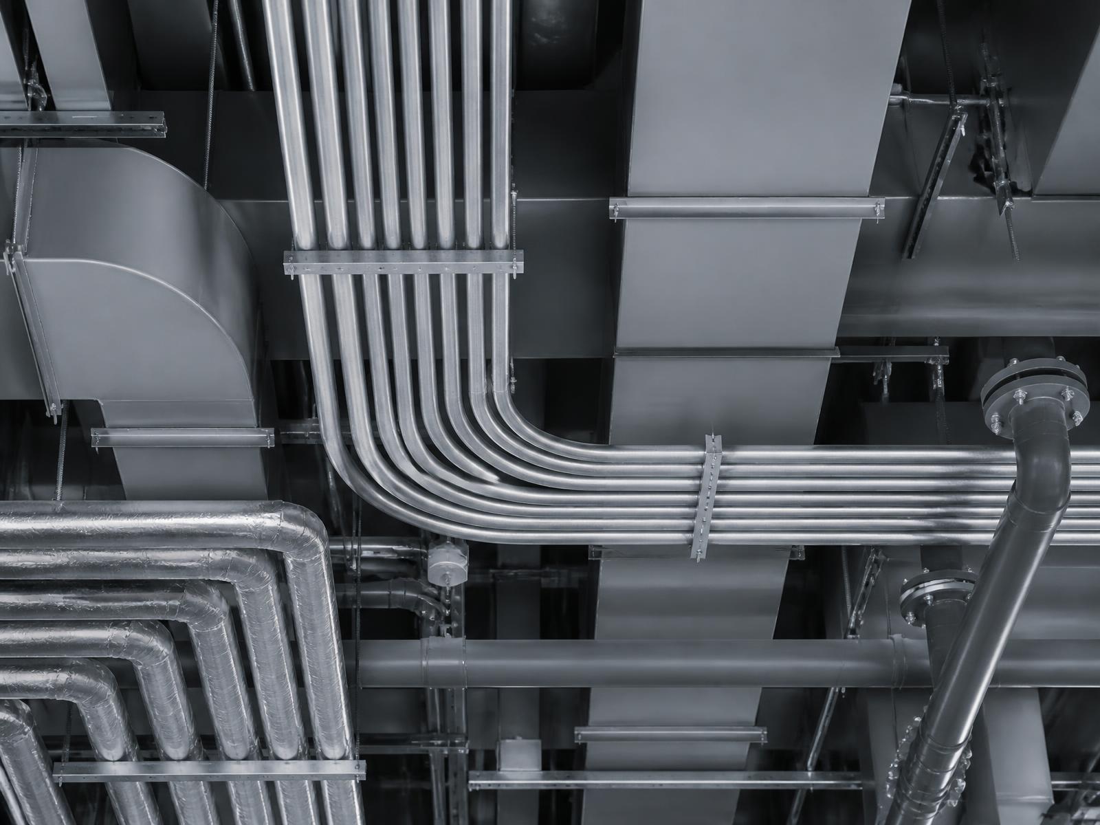 Mechanical and electrical plant room with ducting and switchgear